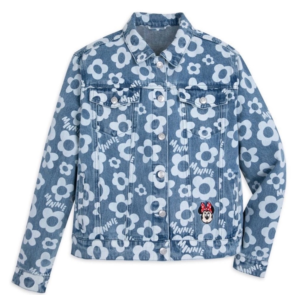 Disney Park Minnie Blue and White Jean Jacket with flower Pattern - NEW